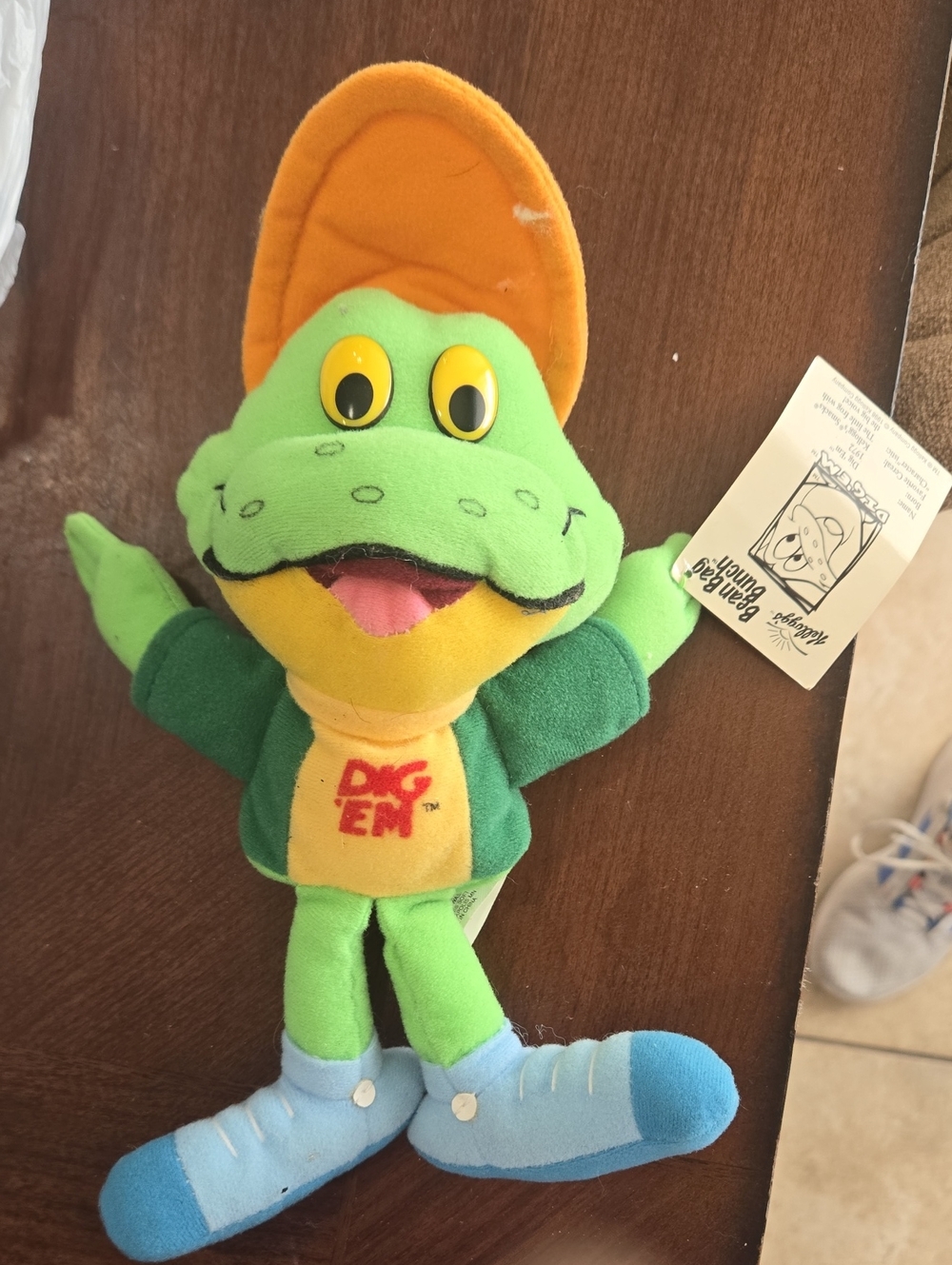 Plush Frog Toy in Green and Yellow with Orange Cap